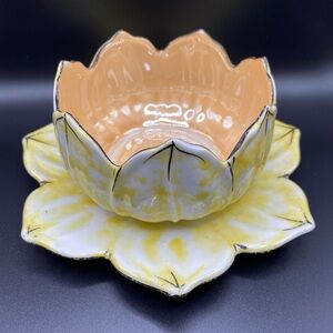 Vintage Antique Estate Japan Hand Painted Yellow Luster Ware Lotus Bowl Saucer